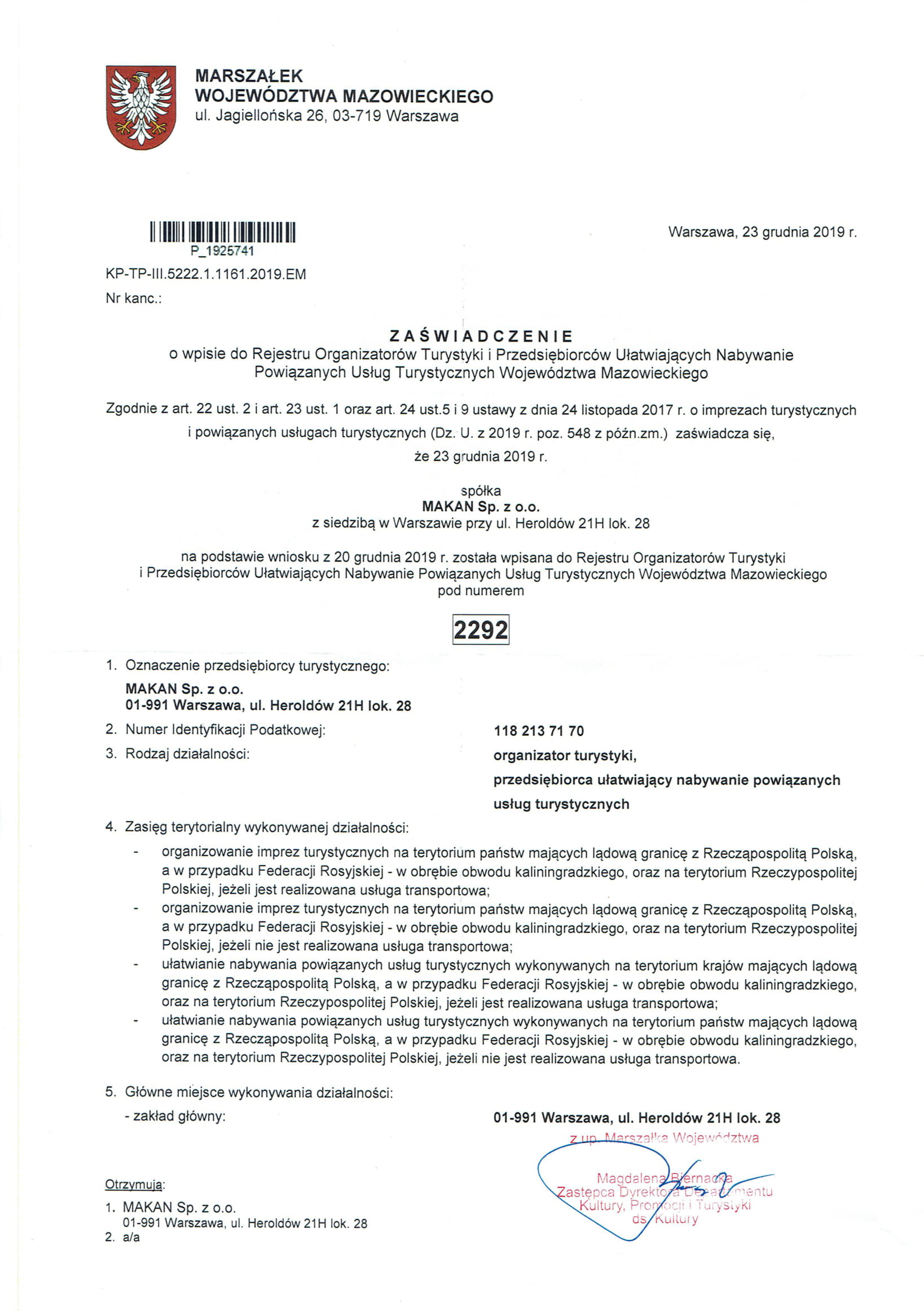 Zaświadczenie Urząd Marszałkowski 2020 1